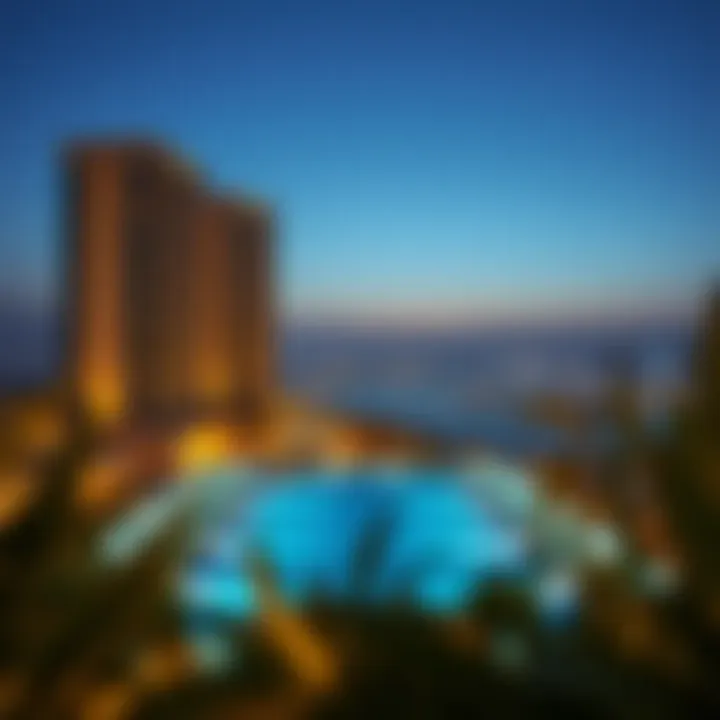 Evening view of the Aura Sky Pool illuminated at night