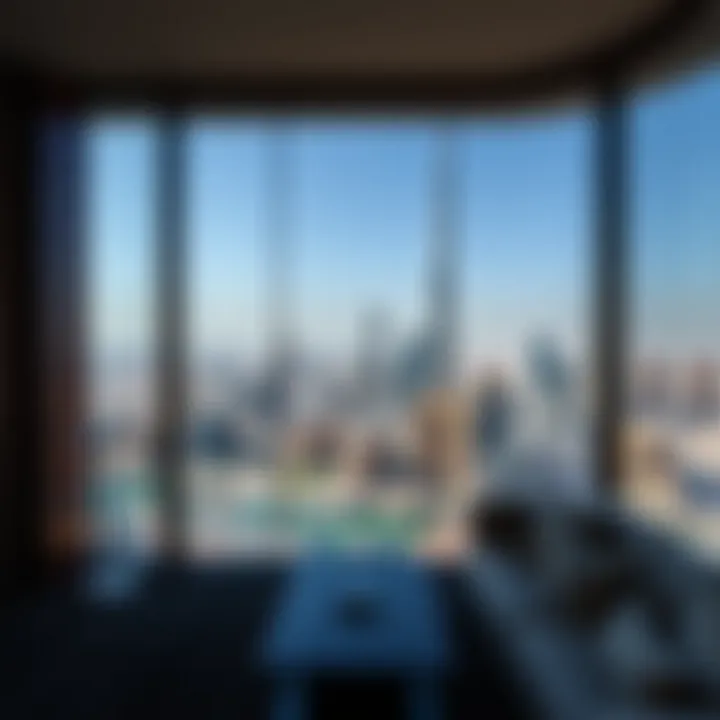 Dubai Skyline from Corporate Suite Panoramic view from a corporate suite in Burj Khalifa highlighting Dubai's skyline.