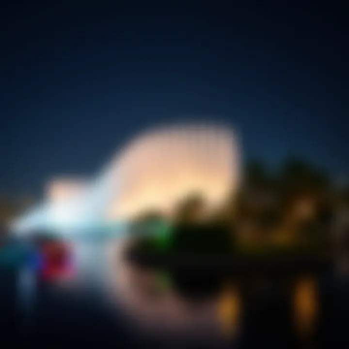 Night view of the Dubai Fountain with illuminated surroundings