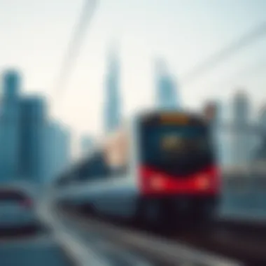 Dubai Metro in Motion Dubai Metro train in motion with skyline backdrop