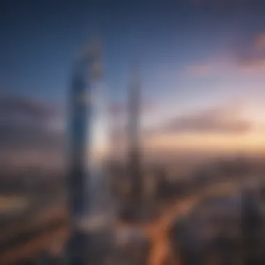 Skyline view of Downtown Dubai featuring Dunya Tower