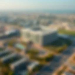 Aerial view of American Hospital Dubai showcasing its surroundings