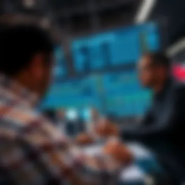 Investors analyzing data and trends in a high-tech setting