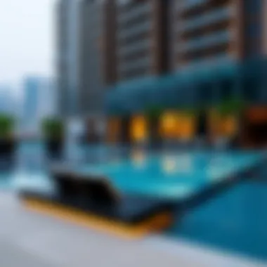 Luxury Amenities: The Outdoor Experience at Merano Tower Outdoor amenities of Merano Tower including swimming pool and lounging area