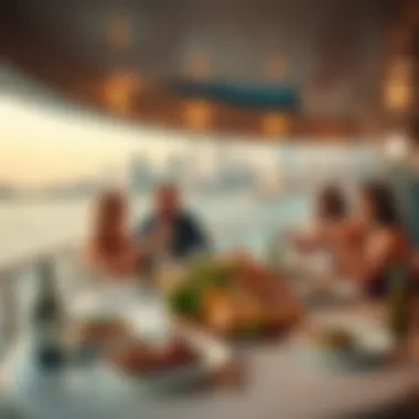Group enjoying a lavish meal on a yacht with Dubai's coastline in view
