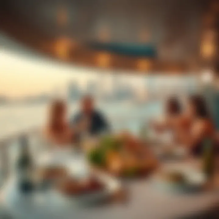 Group enjoying a lavish meal on a yacht with Dubai's coastline in view