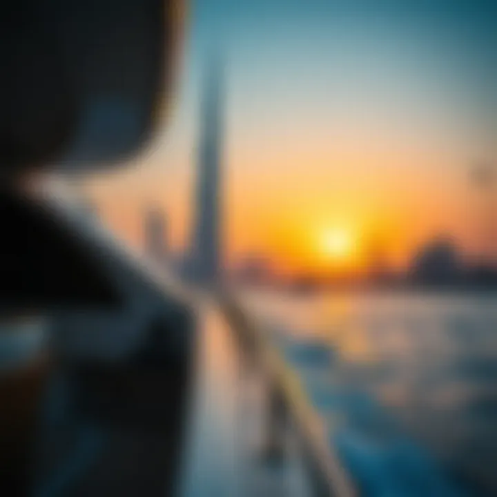 Stunning sunset view from a yacht with the Burj Khalifa in the distance