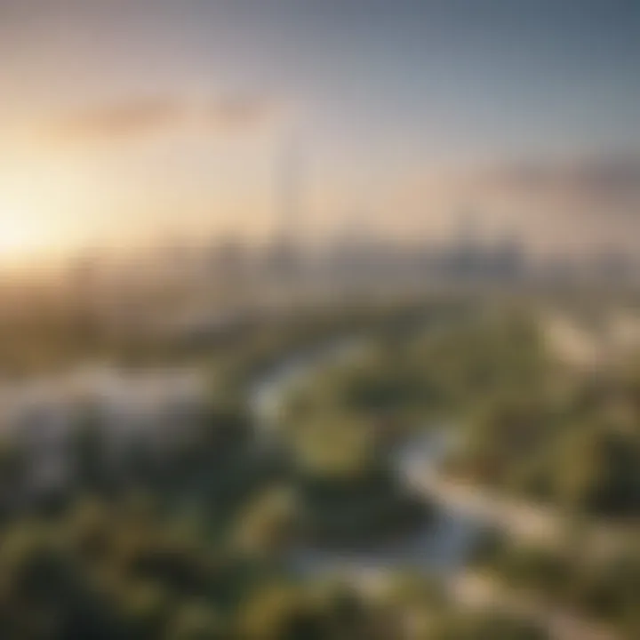 Panoramic view of Dubai skyline with greenery