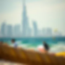 A stunning view of Kite Beach showcasing vibrant kite surfers against the backdrop of the Dubai skyline