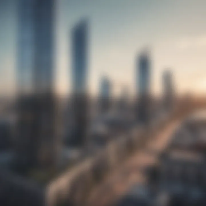 Panoramic skyline view of Business Bay with Oxford Tower in focus