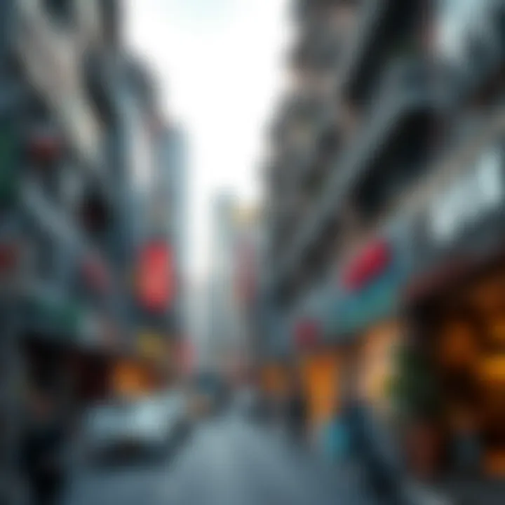 A bustling commercial district highlighting various business establishments.