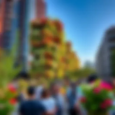 A vibrant community gathering around a garden tower in an urban park.