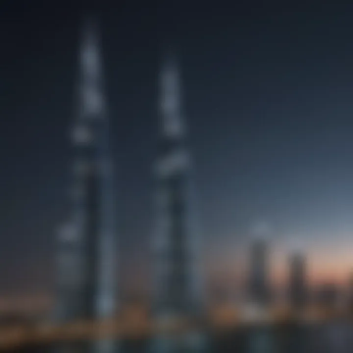 Night view of Dubai towers illuminated against the dark sky