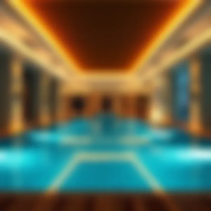 Stylish indoor pool area with ambient lighting