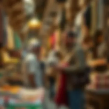 Engaging Encounters: Community and Commerce Shoppers interacting while exploring various goods in Karama Souk