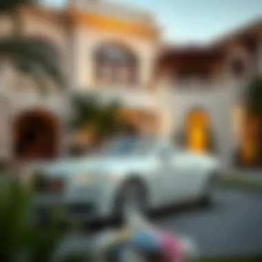 Opulent luxury car parked in front of a lavish villa