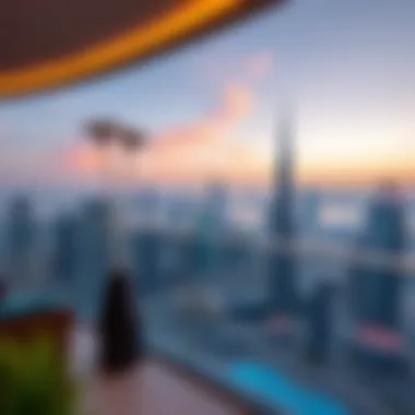 A luxurious high-rise apartment with panoramic views of the Dubai skyline.