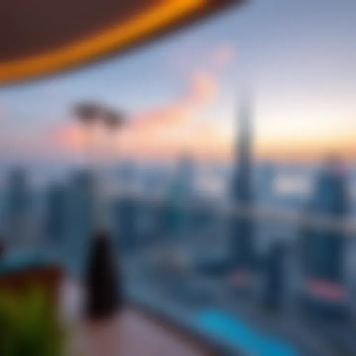 A luxurious high-rise apartment with panoramic views of the Dubai skyline.