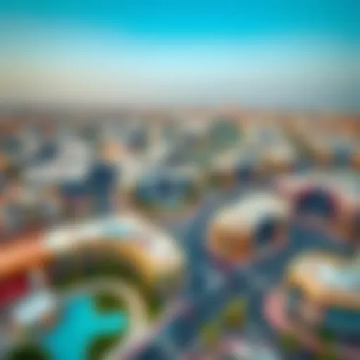 Aerial view of Motor City Dubai showcasing its unique architecture