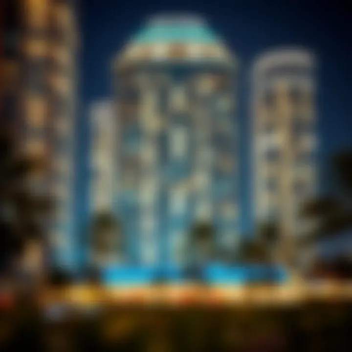 Night view of The Centre Residence illuminated, reflecting Dubai's vibrant nightlife