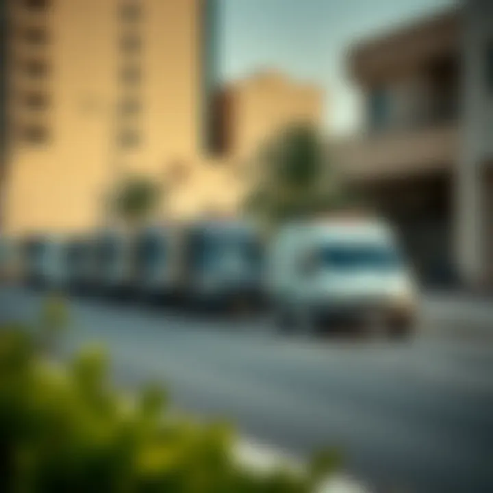 Delivery service vehicles parked in Al Muteena for deliveries