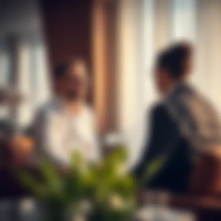 A financial planner discussing insurance options with clients in a sophisticated office setting