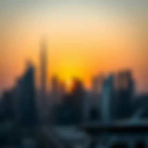 Dubai skyline at sunset with legal symbols