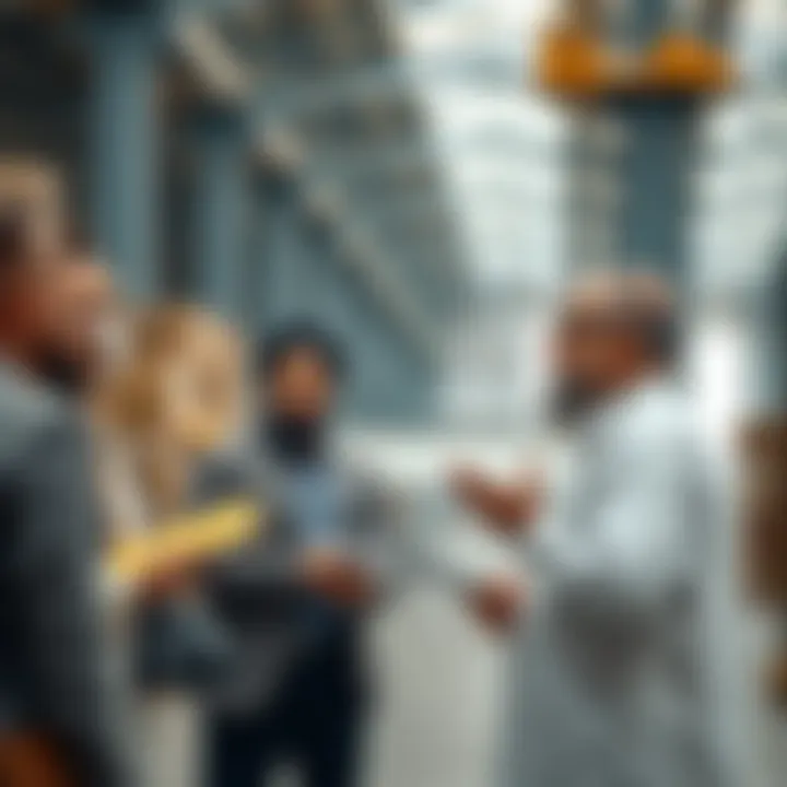 Business professionals discussing warehouse leasing options